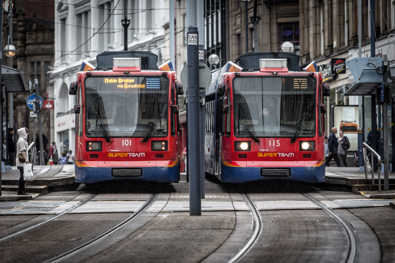 Two trams in Sheffield city centre