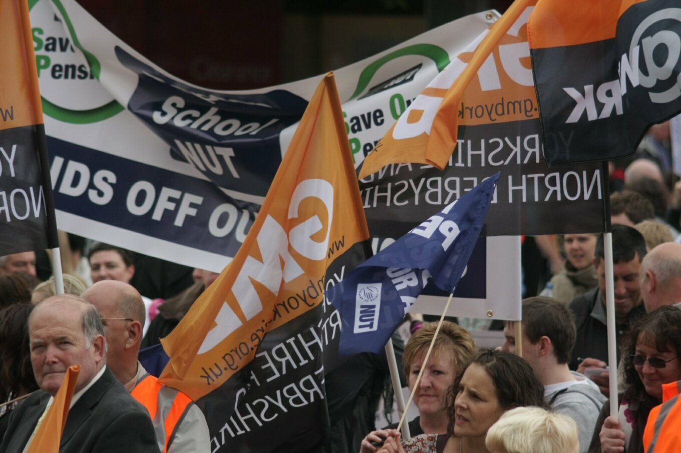 Trade union banners at a pension demo in Sheffield
