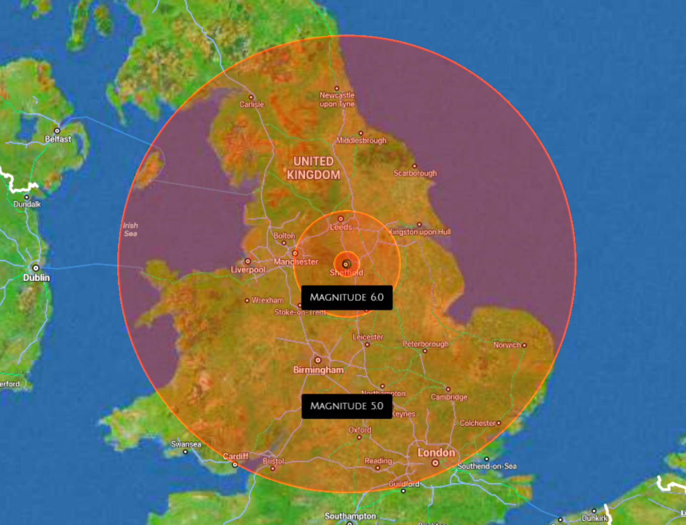 A map of Britain with a large circle representing the scale of an earthquake