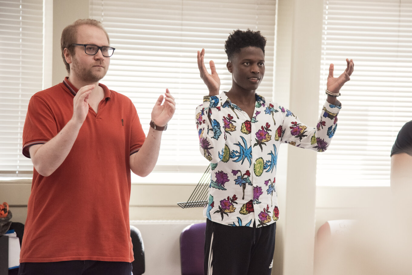 Benjamin Wilson Borachio and Taku Mutero Claudio in rehearsals for Much Ado About Nothing
