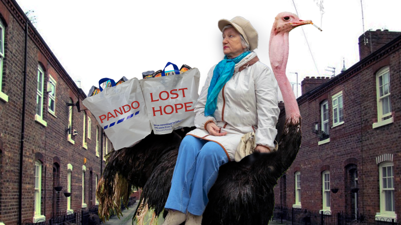 A woman sitting on an ostrich with bags that say "pando" and "lost hope" on them