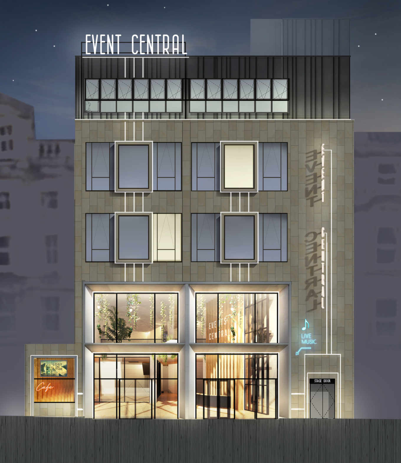 An illustration of a tall building lit from below and the words Event Central on the top left.