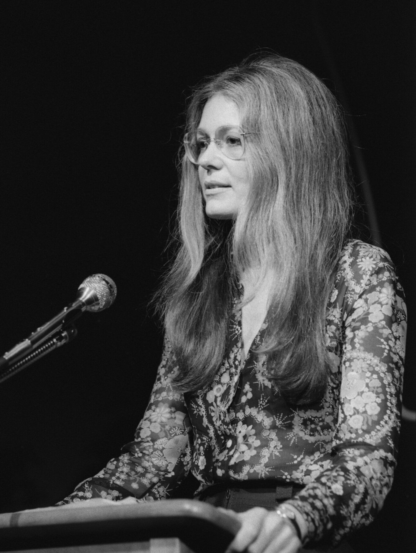 Gloria Steinem at a women's conference in Nov 1975