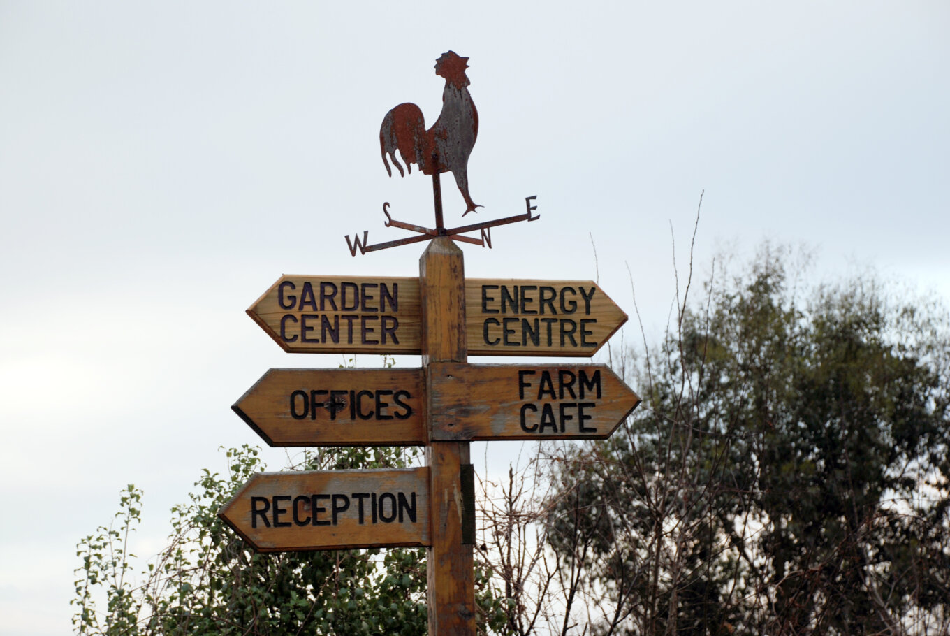 Wooden signs pointing to the cafe, garden centre, energy centre, offices and reception, with a cut-out rooster on top