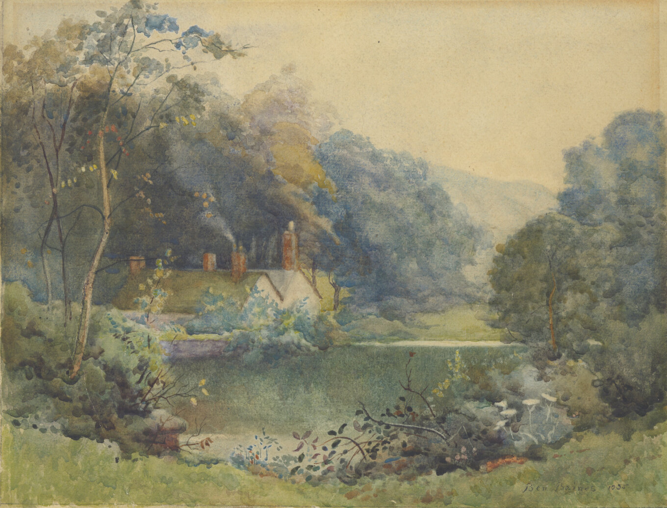 Mill dam and distant mill possibly Corn Mill Ben Baines 1935 watercolour glazed 44 X37 30 X 22