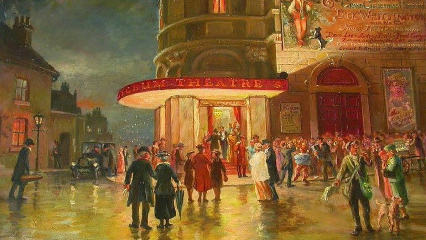 Oil painting of a bustling crowd outside the Sheffield Lyceum on Christmas Eve 1932 The sky is dark blue and the pavements are flooded with golden streetlights