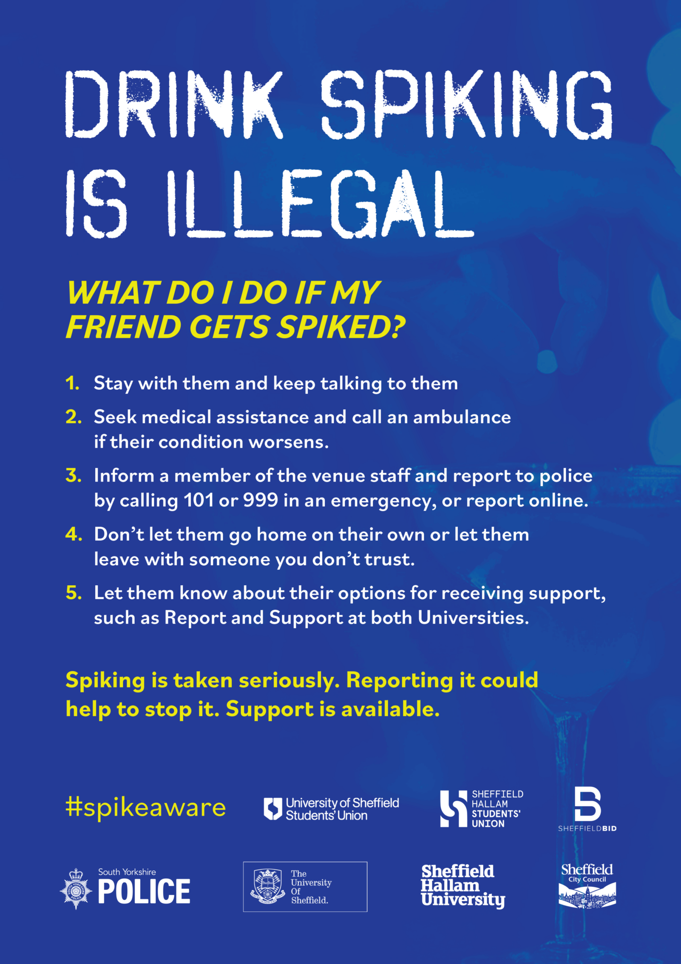 Drink Spiking Is Illegal poster aimed at friends of victims