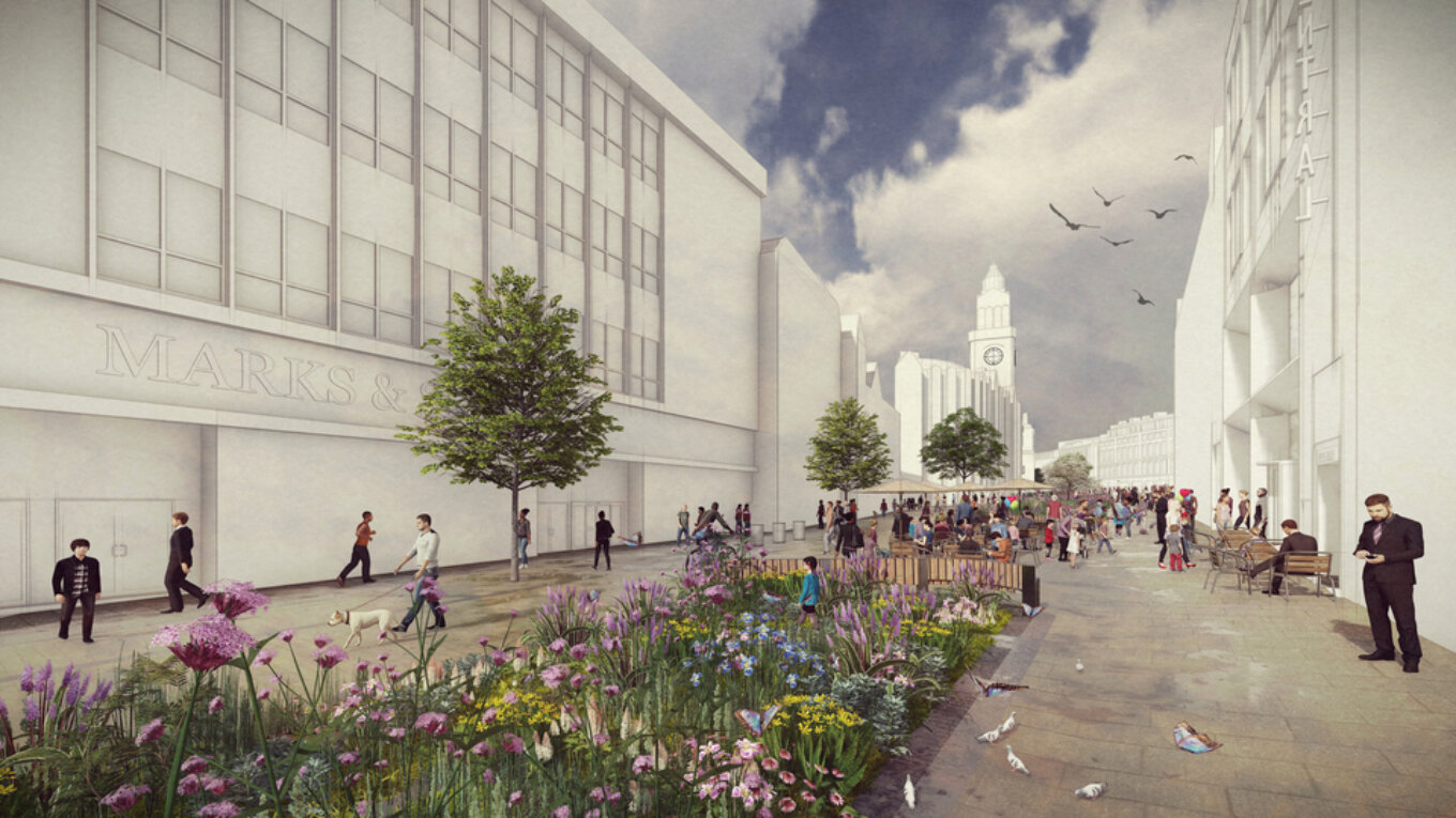 An illustration of a pedestrianised area with plants down the centre and buildings on each side