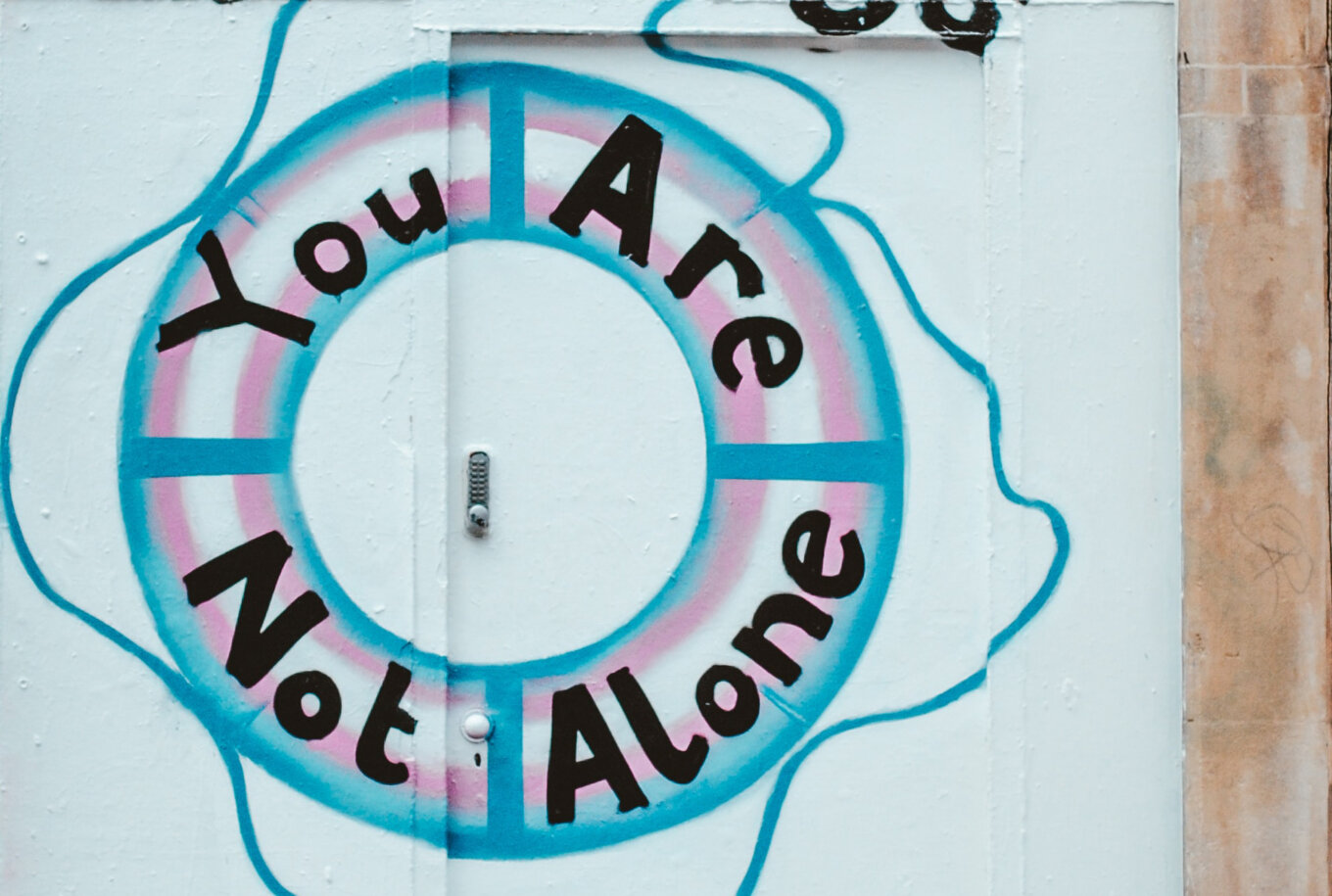 The words You are not alone on a painting of a life belt in the colours of the trans pride flag