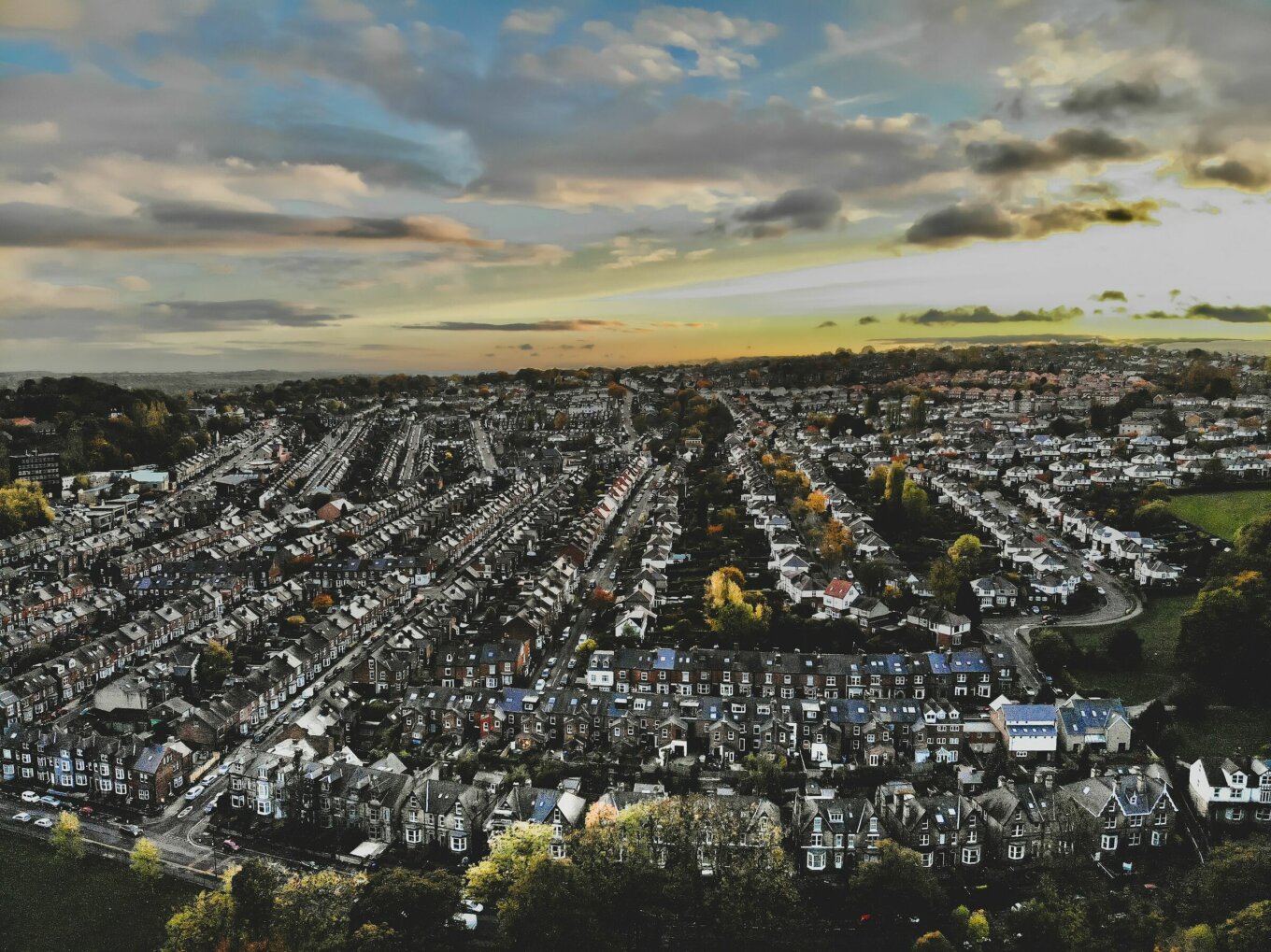 An aerial view of a city with lots of houses.