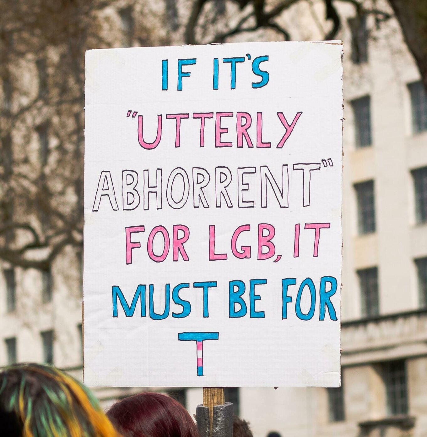 Placard reading 'If it's "utterly abhorrent" for LGB, it must be for T'