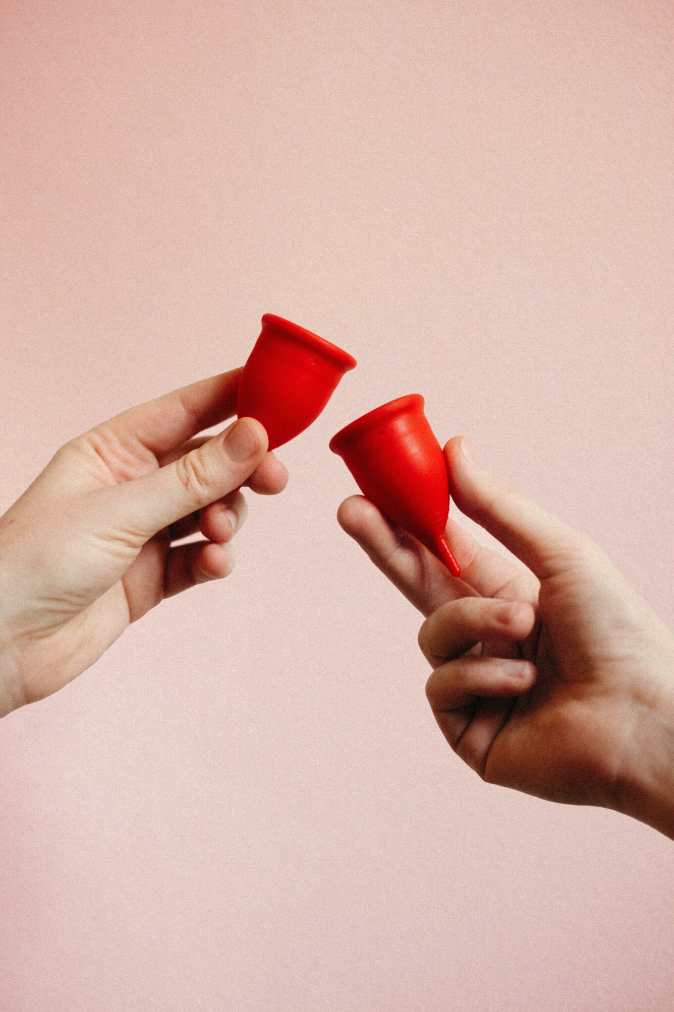 Two menstrual cups clinking together in a 'cheers' gesture