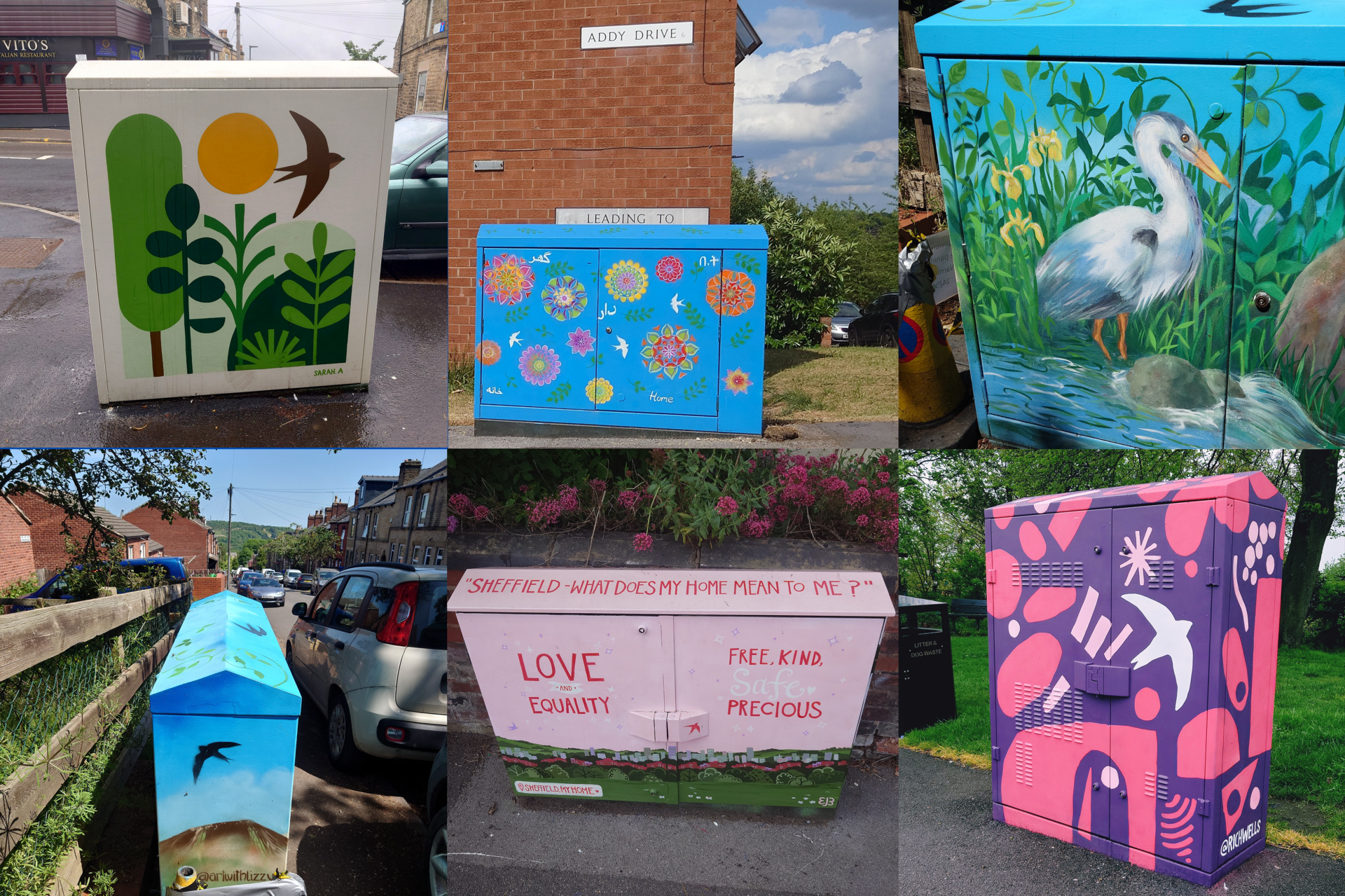 Six photos of utility boxes painted in bright colours.