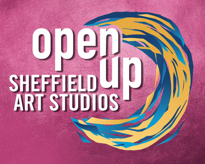 The words Open Up Sheffield Art Studios over a blue and yellow swirl.