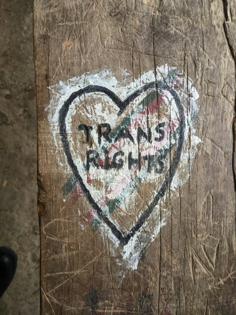 A piece of wood with a heart painted on it and the words Trans Rights in the centre.